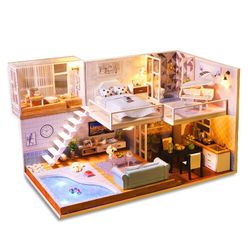 Doll Houses Miniature Doll House Furniture Kit Casa Led Toys DIY Dollhouse Wooden for Children Birthday Gift