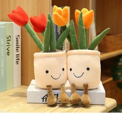 35cm Lifelike Tulip Plants Plush Stuffed Decoration Toys Soft Bookshelf Decor Doll Creative Potted Flowers Pillow for Girls Gift