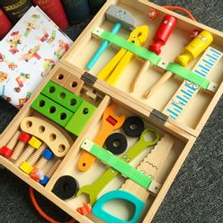 Kids Wooden Toolbox Pretend Play Set Educational Montessori Toys Nut Disassembly Screw Assembly Simulation Repair Carpenter Tool
