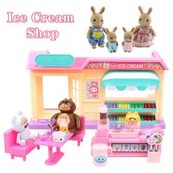 1/12 Ice Cream Shop Forest Animal Family Scene Dollhouse Ice Cream Dessert Shop Play House Dollhouse Furniture Kid Toy Set Gift