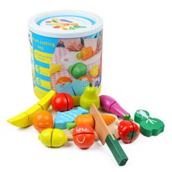 Cutting Food Wooden Play Food Set Toy Pretend Food with Knife Fruit Vegetable Fish and Cutting Board 13 PCS