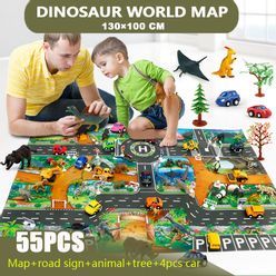 Dinosaur World Playmat Toys Set with Cars Trees& Signs Models Figure Toy Game Mat Educational Dino Interactive Children's Toys