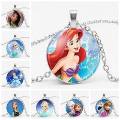 Disney Necklace Crystal Cabochon Princess Elsa Anna Snow Queen Pendant Necklace For Girls Gifts Kids Toys The Long Chain Jewelry