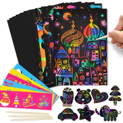 Magic Scratch Art Paper Card Set Paper Scraping with Graffiti Stencil DIY Handmade Art Craft Painting Drawing Toys for Children