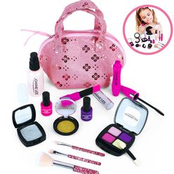 Girls Make Up Toys Set Pretend Play Beauty Princess Pink Makeup Safety Non-toxic Kit Toys for Girls Dressing Cosmetic Travel Bag