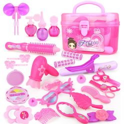 1set Girls Cosmetic Toy Pretend Play Pink Make Up Tool Kit Princess Hairdressing Simulation Make Up Toy For Girls Kids