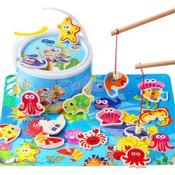 Children Wooden Magnetic Fishing Toys Games For Boys Kids 3D Marine Fish Outdoor Educational Puzzle Baby Wood Party Toy Gifts