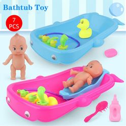 30cm 7PCS Bathtub With Baby Doll Toddler Bath Toys Plastic Kids Play Water Educational Bathtime Floating Shower Toy Set Gifts