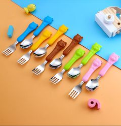 Spoon Fork Set Children's Tableware Box Cute Bear Cartoon Suit 304 Stainless Steel ABS Gum Gift 2