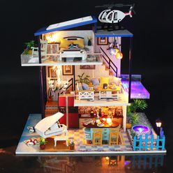 Miniature DIY Doll House Model Building Wooden House Toy Christmas Gift Assembly Light Wooden Dollhouse Crafts Blue Ocean 13847