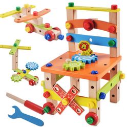 Wooden Variety Multi-Function DIY Repair Tool Chair Set Screw Nut Combination Disassembly Handmade Play House Toy for Boys Gifts