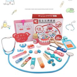 Children Wooden Doctor Set Toy Dentist Medicine Box Accesories Kit Simulation Doctors Pretend Play House Toys For Kids Baby Gift