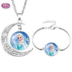 2pcs/set Disney Bracelet Necklace Set Cartoon Princess Frozen Set Time Jewel Isana Alloy Children's Toy Girl Jewelry Gift