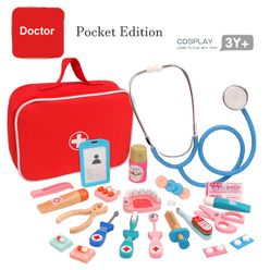 Baby Doctor Toys Simulation Medical Kit Dentist Nurse Red Medicine Bag Pretend Play Wooden Doctor Set for Children Gifts