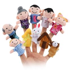 10 Pcs Cute Cartoon Finger Puppet Set Soft Velvet Dolls Props Toys with 6 People + 2 Animals + 2 Houses
