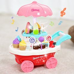 30PCS Pretend Play Rotating ice Cream Candy Cart With Light And Music Children Role Play Toys Shopping Cart Toys for Girls