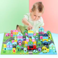 111PCS electric train track wooden scene building blocks educational toys 3-6 years old cognitive children building blocks gifts