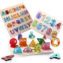 Wooden 3D Puzzle Toy Kids English Alphabet Number Shape Cognitive Matching Board Early Educational Learning Toys Children Gift