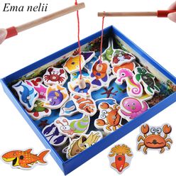 32 Pcs Wooden Magnetic Fishing Game Toys Set Baby Puzzle Educational Toy Cognition Fish Kids Birthday Christmas Gifts for Kids