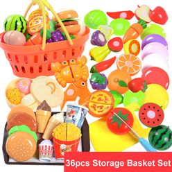 36PCS Kitchen Toys Cutting Fruits Vegetables Shopping Cart Set Hamburger Food Pretend Play Cooking Toys for Children Gifts