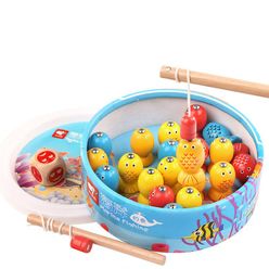 Baby Wooden Children 3D Educational Fishing Game Magnetic Rod Toy Outdoor Fun Toy For Kid 20 fish 2 fishing rods barrel