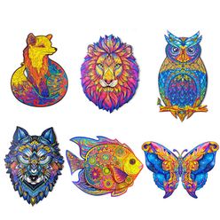 Wooden Jigsaw Puzzles For Adults Unique Shape Jigsaw Pieces Children DIY Wooden Gift for Kids Mysterious Owl Chameleon Puzzle