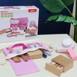 12Pcs Wooden Beauty Salon Pretend Makeup Toy Role Play Cosmetics Toy Simulation Beauty Accessories Kids Gifts