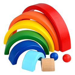 Wooden Seven-Color Rainbow Buildin Blocks Montessori Early Education Rainbow Jengle Arched Building Block Kid's Educational Toy