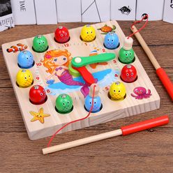 Kids 2 In 1 Digital Mermaid Clock Wooden Magnet Fishing  Toys Game Baby Fun Early Childhood Children Family Toys Gifts