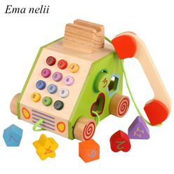 New Wooden Retro Simulation Telephone Shape Digital Learning Blocks Baby Educational Toys Children Phone Pretend Play Puzzle Toy