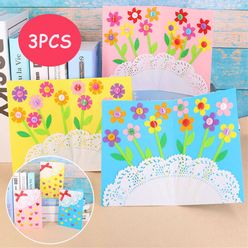 3Pcs DIY Handmade Flower Birthday Card for Girl Kid Greeting Card with Envelope Stickers Material Package Art Craft Children Toy