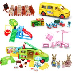 Forest Animal School Bus Desk 1:12 Tent Toy Bus Set Brown Rabbit School Desk Girl Pretend Play House Amusement Park Kids Toys