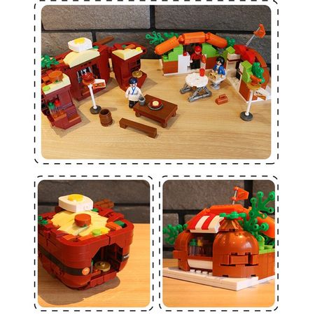 City streetscape Building Block Fast Food Set Hotdog Buns Shop Model DIY Bricks Japanese ramen Sushi Educational Toys Gift