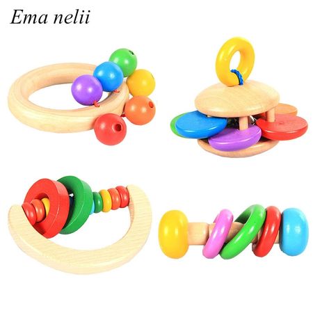 Infant Hand Grab Rattle Wooden Music Sound Toy Geometric shape Baby Toddler Early Educational Toys for Children 0-2 years old