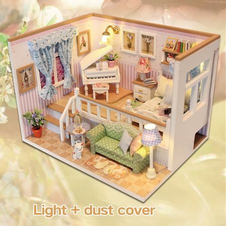 DIY 3D Light Toys for Children Furniture Dust Cover Wooden Miniature House Because I Met You Dollhouse Christmas Birthday M026