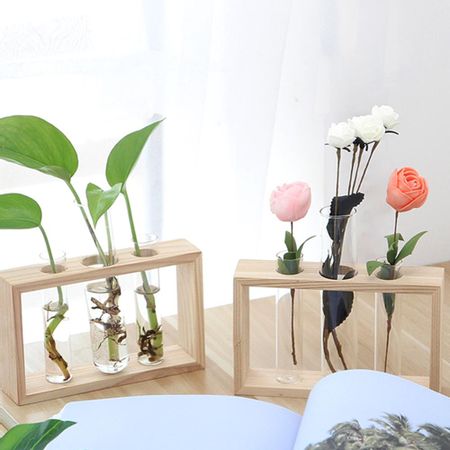 Glass and Wood Vase Planter Terrarium Table Desktop Hydroponics Plant Bonsai Flower Pot Hanging Pots with Wooden Tray Home Decor