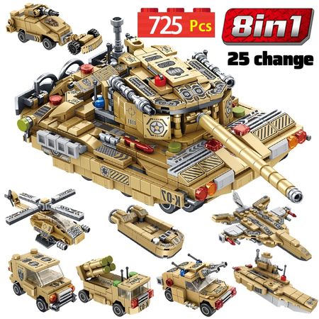 725PCS City WW2 Tank Vehicle Model Building Blocks Military Helicopter Car Technic Weapon Soldier Bricks Toys For Children Boys