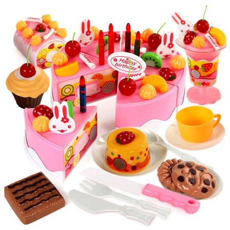 37pcs Pretend Role Play Kitchen Toy Happy Birthday Cake Food Cutting Set Kids GH