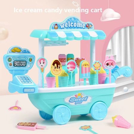 Children Mini Trolley DIY Toy Ice Cream and Candy Cart Pretend Play Food Cash Register Kids Role Play Shop Toys Chrismas Gifts