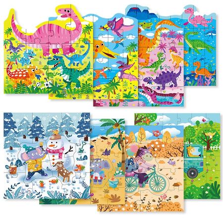 Children Montessori Wooden 4 in 1 Puzzle Big Dinosaur Traffic Four Seasons Puzzle Children Early Educational Wooden Toys Gifts