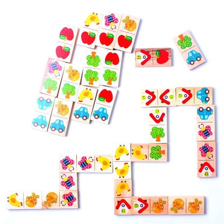 28pcs Wooden Domino Fruit Animal Recognize Blocks Dominoes Games Jigsaw Montessori Children Learning Education Puzzle Baby Toy