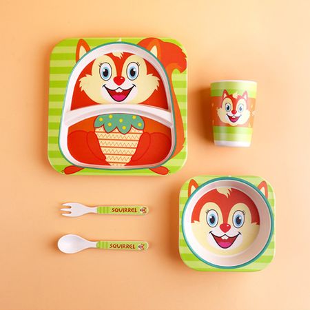 5Pcs/Set Dishes Baby Feeding Children's Tableware Baby Food Dishes Kids Kitchen Infant Feeding Bowl Plate Spoon Bamboo Tableware