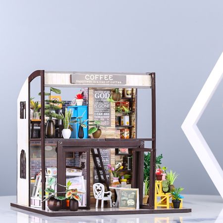 Home Decor Figurine DIY Coffee House Wood Miniature Model Kits Decoration Dollhouse Birthday Gift for Girl