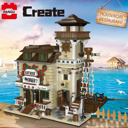 MOC City Street Series Old Fishing Store Houseboat Restaurant Model Building Blocks Kids Toys Educational Bricks Christmas Gifts