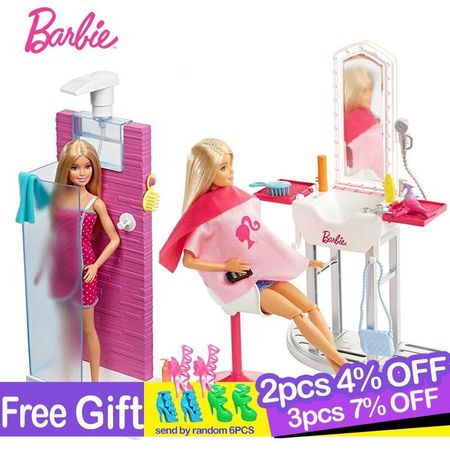 Original Barbie Dolls Shower Furniture and Hairdressing Set Bath Girl Educational Toys Reborn Baby Boneca Doll for Children Gift