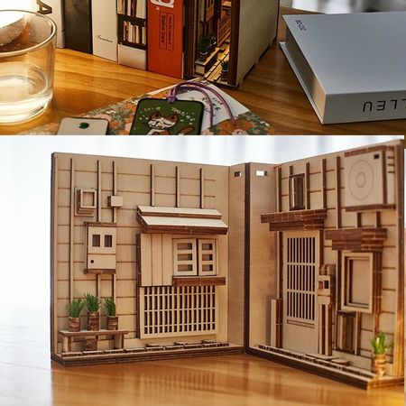 Wooden Book Nook Inserts Art Bookends DIY Bookshelf Decor Stand Decoration Japanese Style Home Decoration Model Building Kit