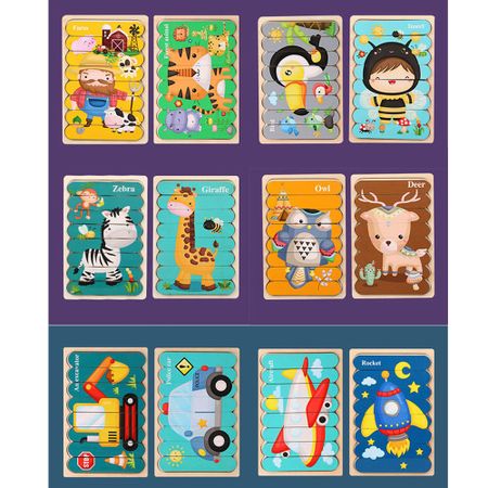 Wooden Double Sided 3D Puzzle Kids Toys Montessori Cartoon Creative Large Strip Jigsaw Learning Children Wood Toy Jouet Enfant