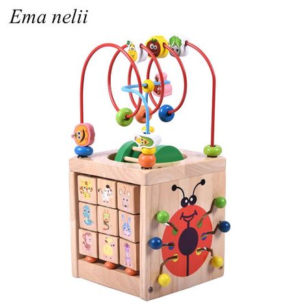 Novelty Wooden Educational Learning Toys for Children Baby Montessori Math Toy Beetle Four Sides Around Bead Treasure Box Gift