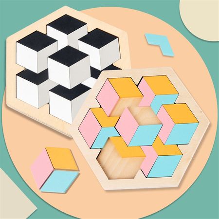 Wooden Colorful 3D Puzzle Toy Wood Jigsaw Geometry Tangram Puzzles Kindergarten Early Educational Toys for Children Kids Gifts