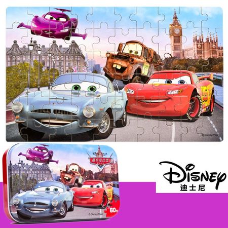 Disney  Genuine Lightning McQueen and Snow Queen 60 Pieces Wooden stickers Puzzle Baby Toys 3D Iron Box toys for children